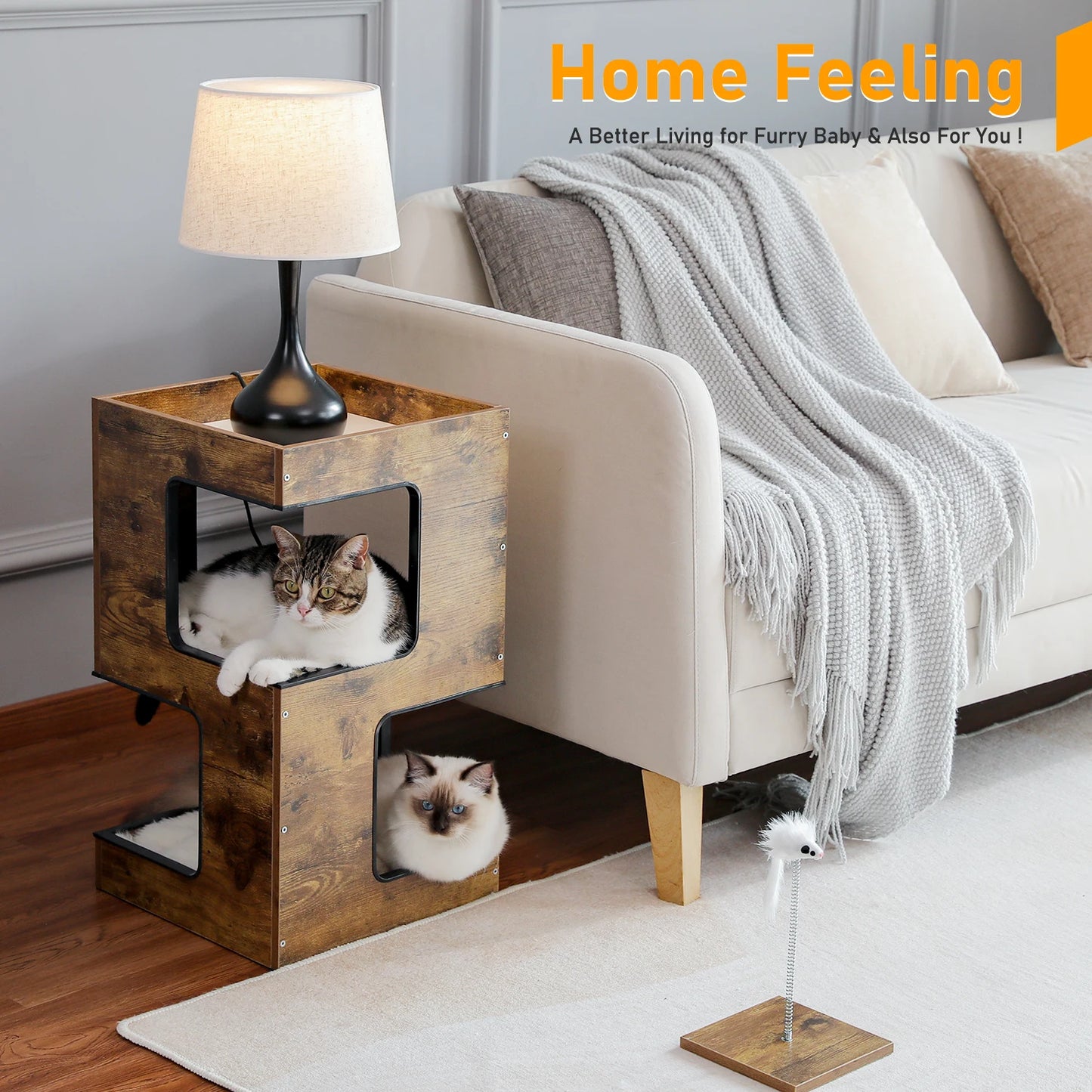 Wood Cat Condo House With Removable Mats And Scratching Pad