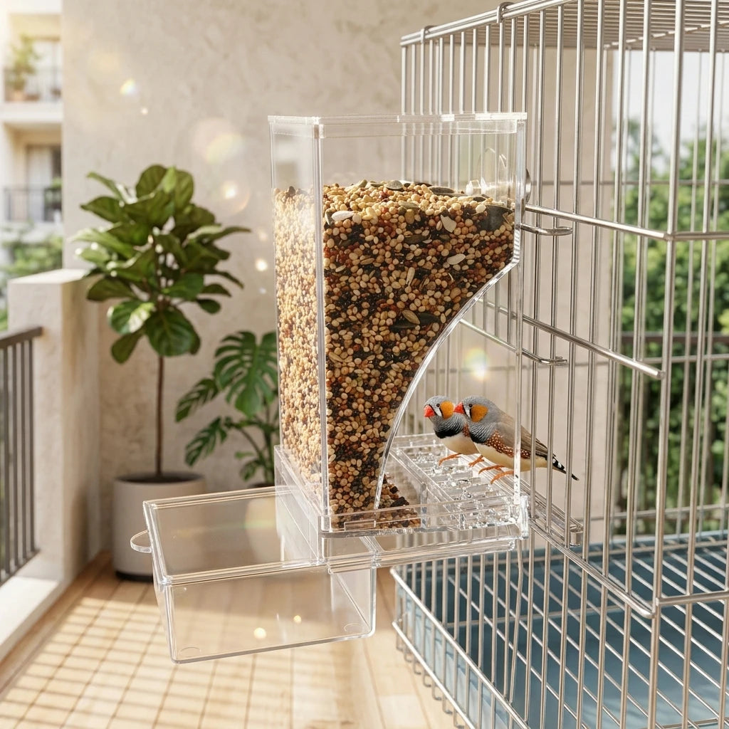 No Mess Clear Acrylic Bird Feeder Seed Dispenser For Parakeets