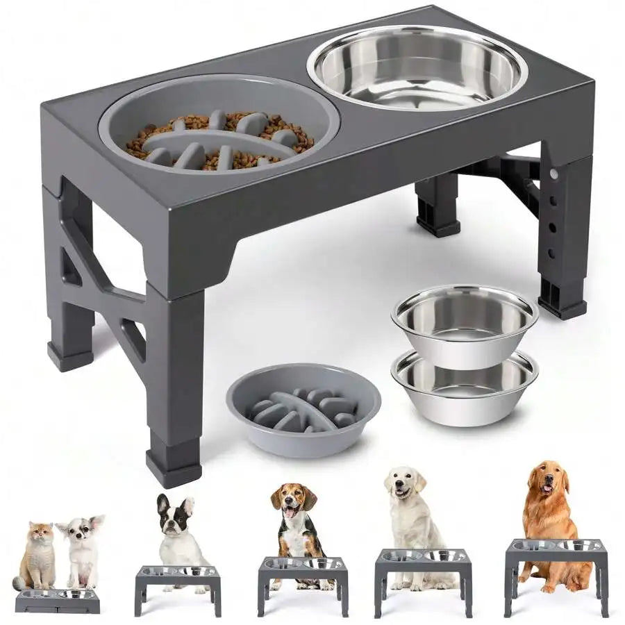 5-Height Adjustable Raised Dog Bowl Set With Slow-Feeder