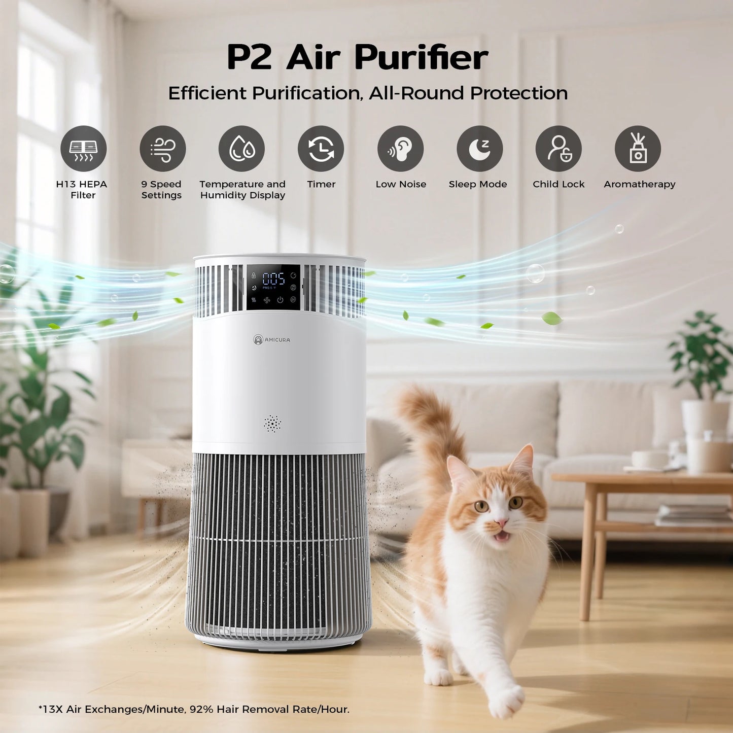 Amicura P2 Air Purifier CADR 843 for Allergens and Odors