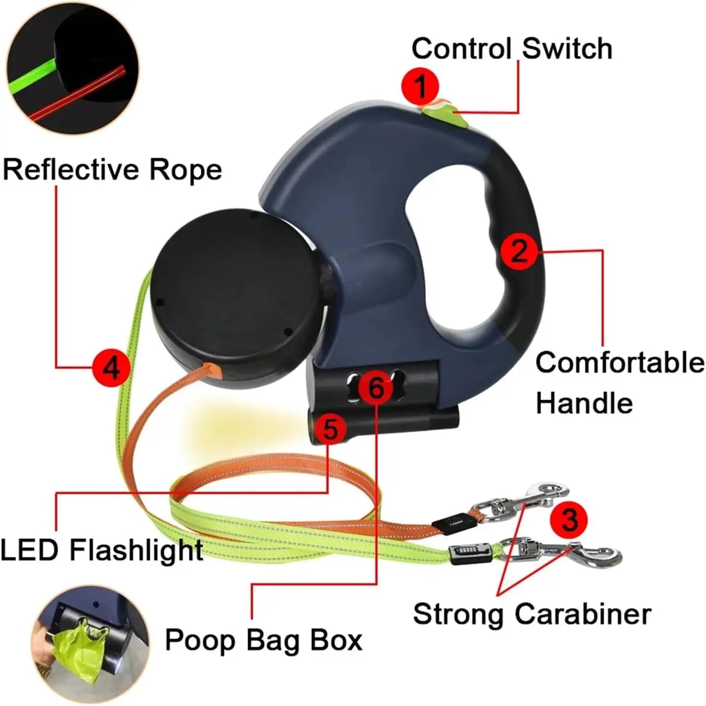 Double Ended Retractable Leash For Dogs And Cats With Flashlight