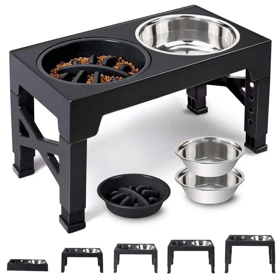 5-Height Adjustable Raised Dog Bowl Set With Slow-Feeder