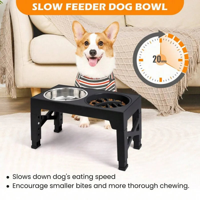 5-Height Adjustable Raised Dog Bowl Set With Slow-Feeder