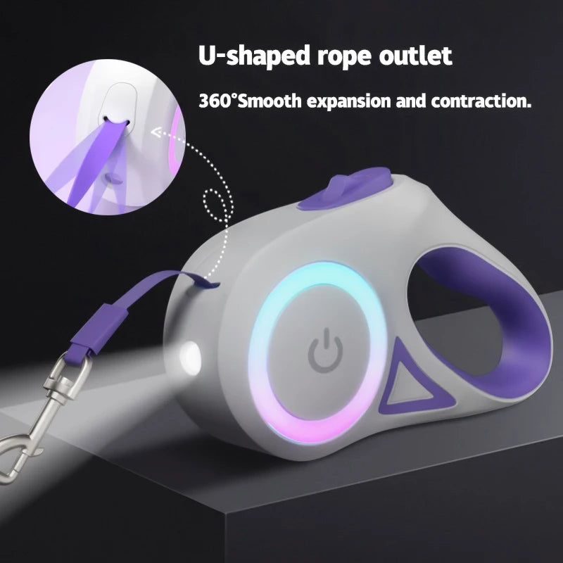 LED Retractable Dog Leash With Light Reflective Quick Release