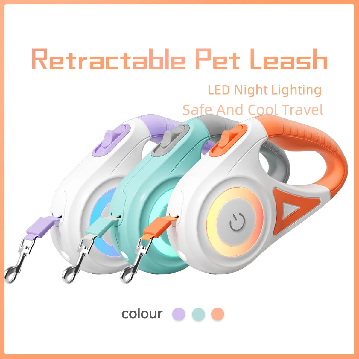 LED Retractable Dog Leash With Light Reflective Quick Release