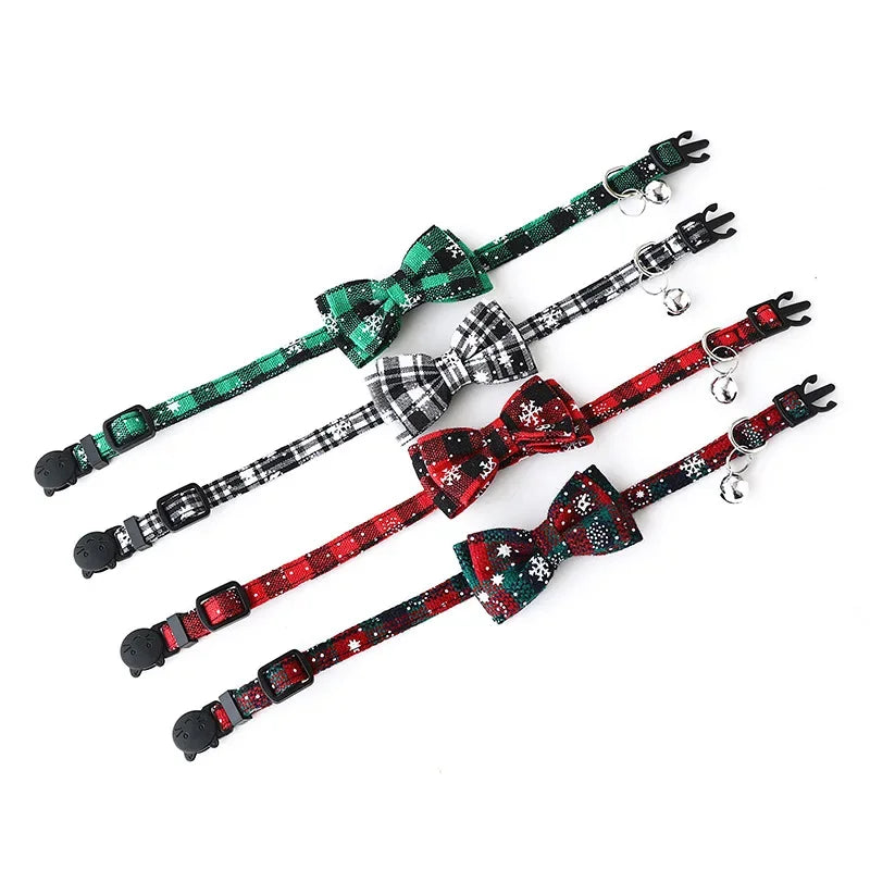 Christmas Bowknot Plaid Snowflake Adjustable Breakaway Pet Collar With Bell