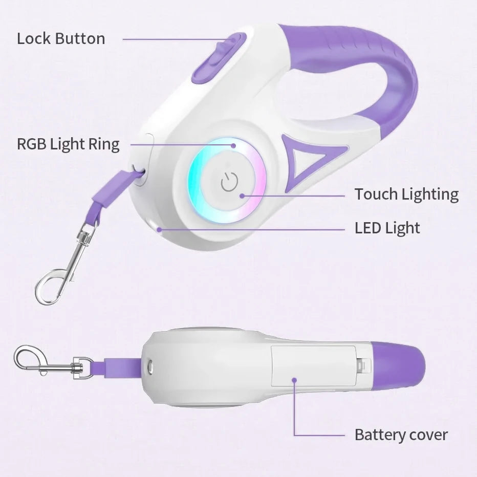 LED Retractable Dog Leash With Light Reflective Quick Release