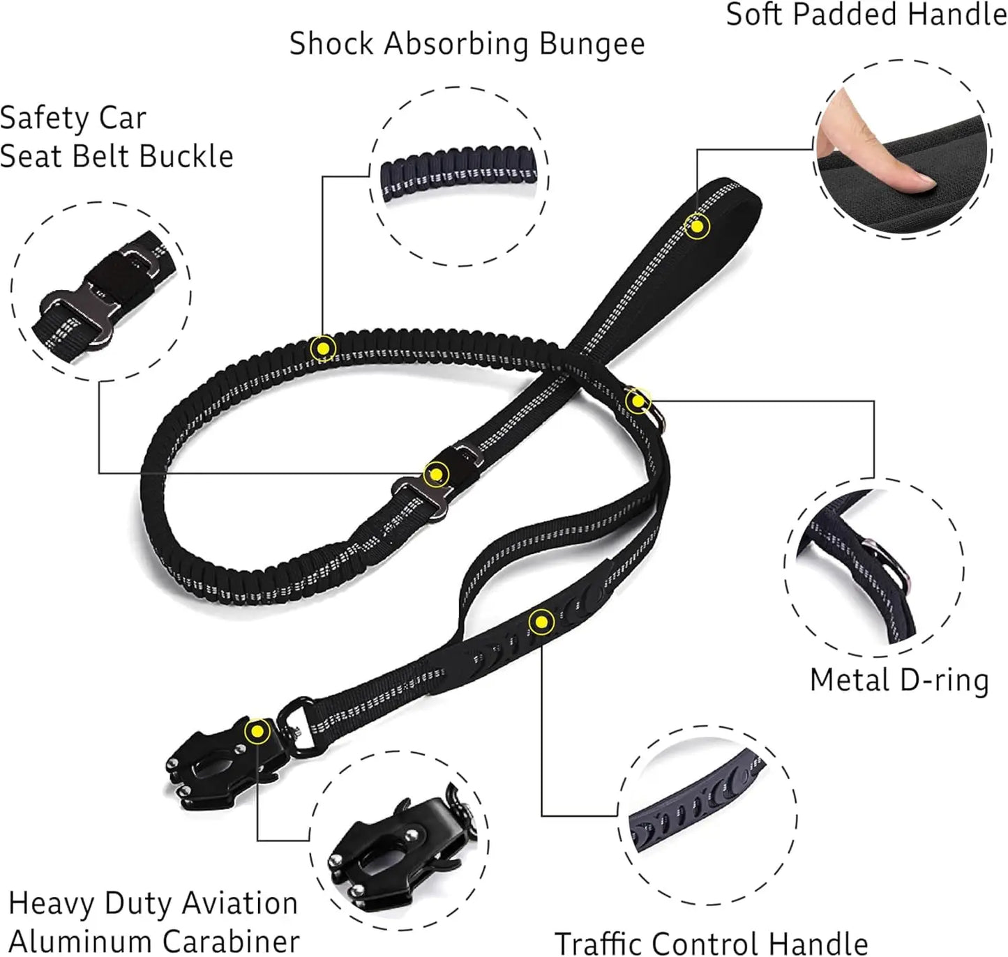 Reflective Shock Absorbing Dog Leash With Seatbelt For Large Dogs