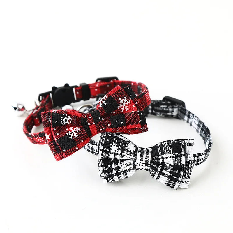 Christmas Bowknot Plaid Snowflake Adjustable Breakaway Pet Collar With Bell