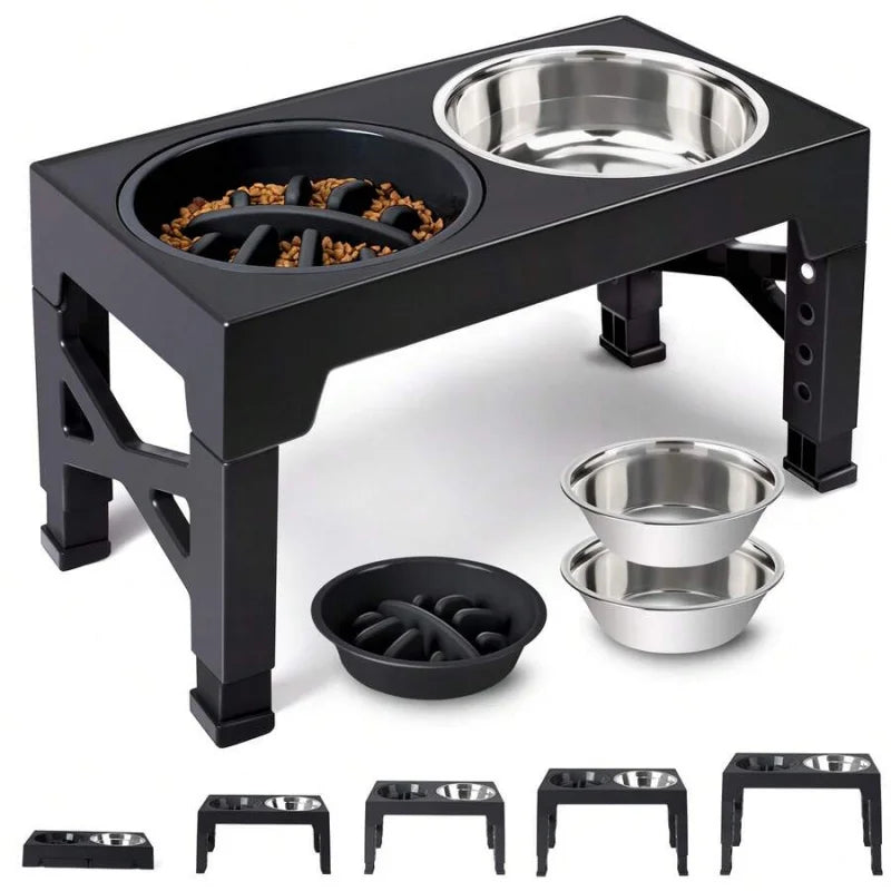5-Height Adjustable Raised Dog Bowl Set With Slow-Feeder
