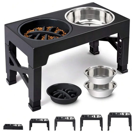 5-Height Adjustable Raised Dog Bowl Set With Slow-Feeder