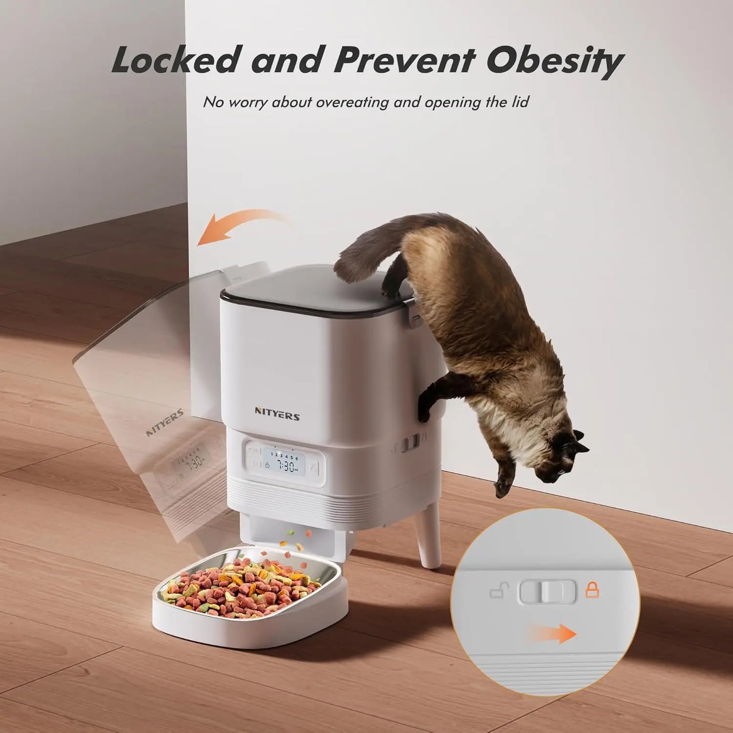 NITYERS Automatic Cat Feeder With Timed Dispenser And Stainless Bowl