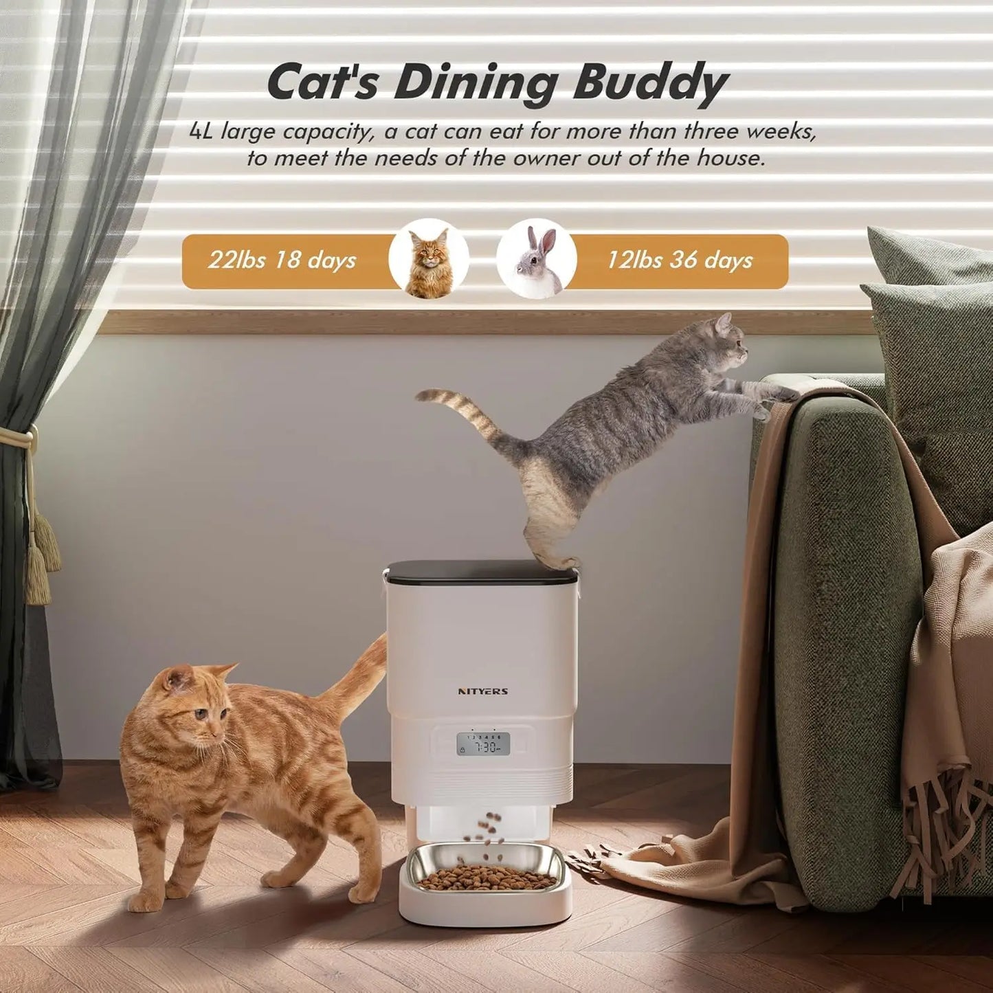 NITYERS Automatic Cat Feeder With Timed Dispenser And Stainless Bowl