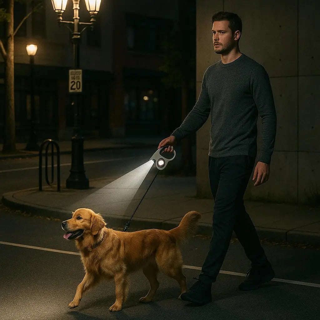 Retractable Dog Leash With LED Flashlight 16ft Anti Slip Handle Heavy Duty Nylon