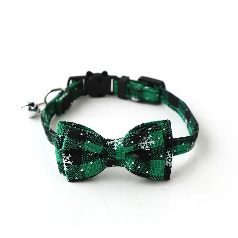 Christmas Bowknot Plaid Snowflake Adjustable Breakaway Pet Collar With Bell