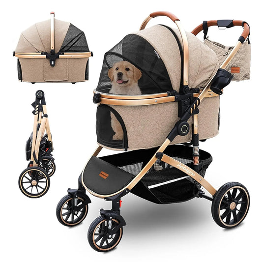Four-Wheel Folding Pet Stroller With Removable Carrier And Cup Holder