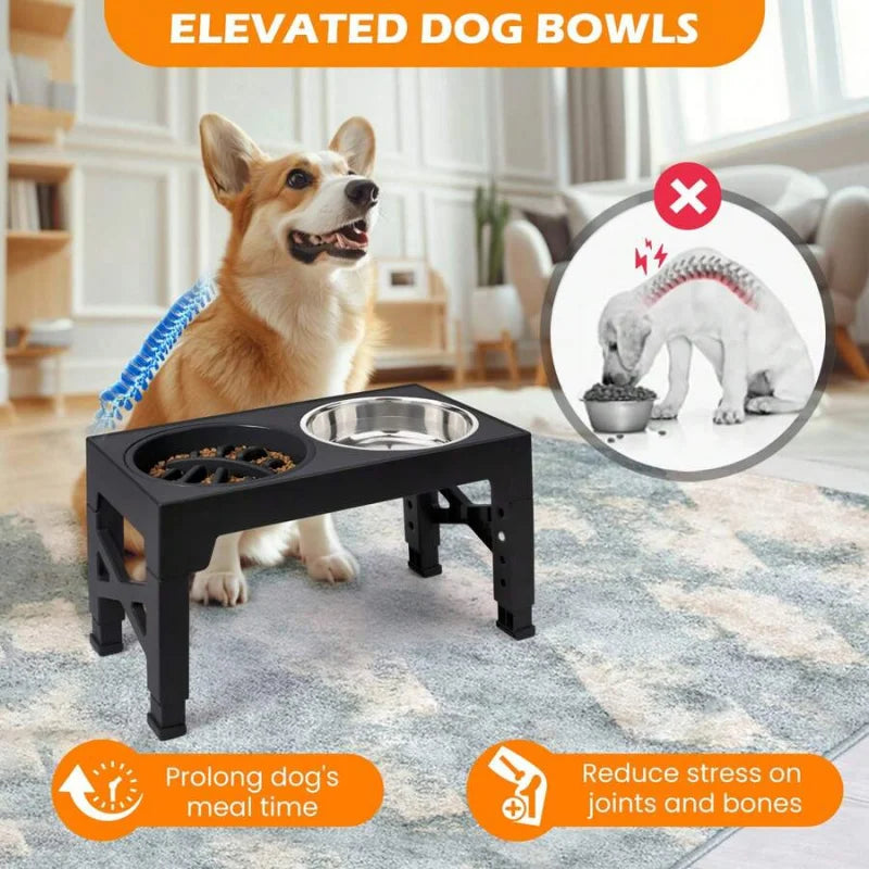 5-Height Adjustable Raised Dog Bowl Set With Slow-Feeder