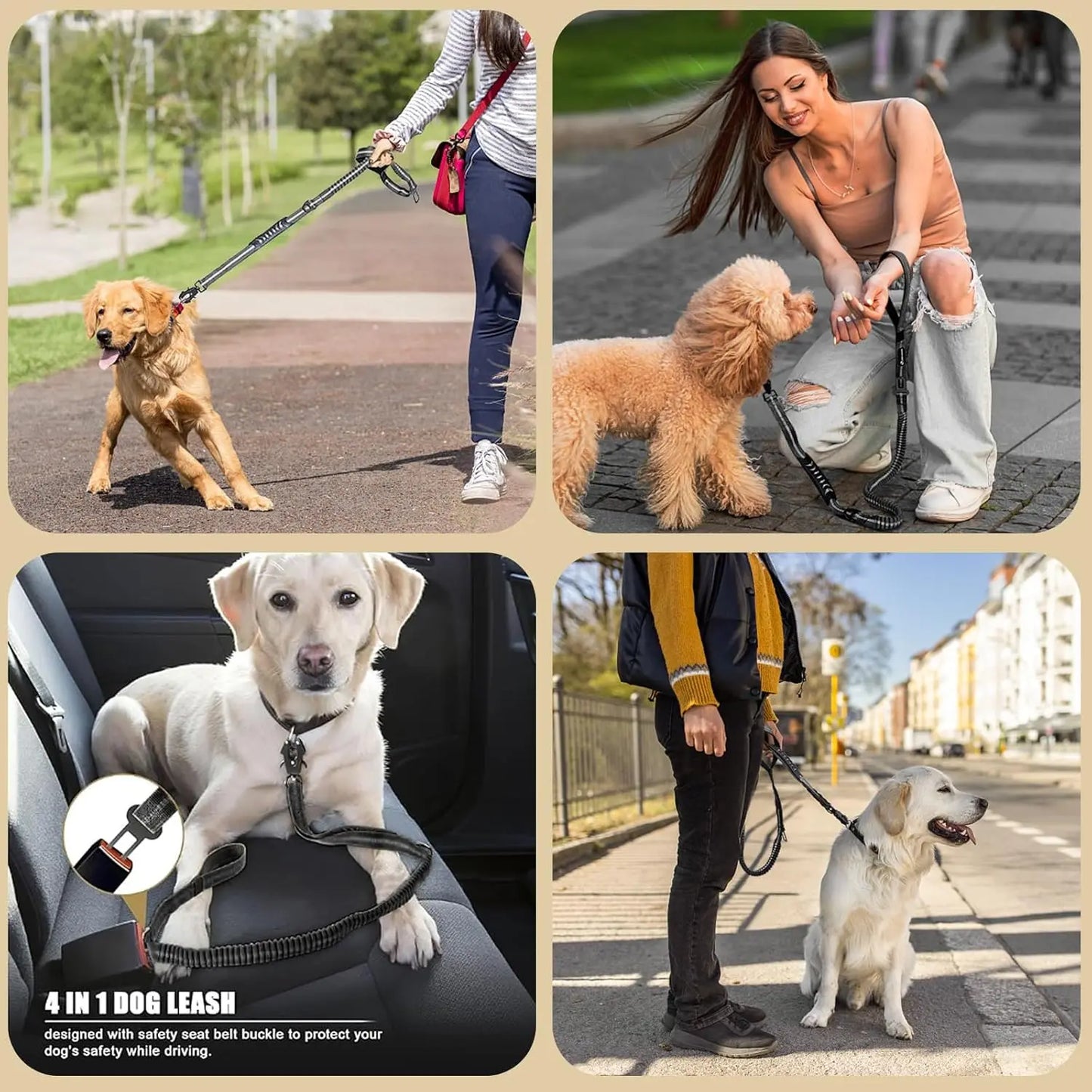Reflective Shock Absorbing Dog Leash With Seatbelt For Large Dogs