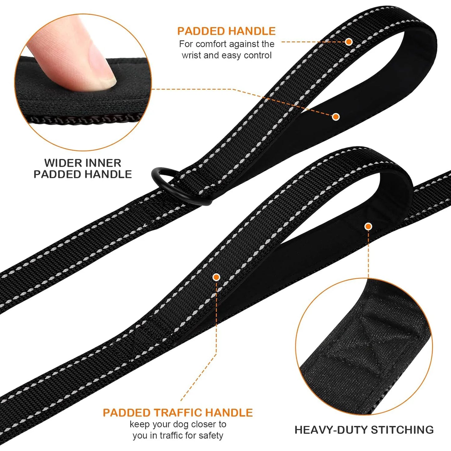 Heavy Duty Double Handle Dog Leash With Reflective Strips For Night Safety