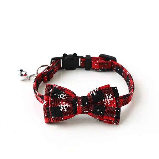 Christmas Bowknot Plaid Snowflake Adjustable Breakaway Pet Collar With Bell