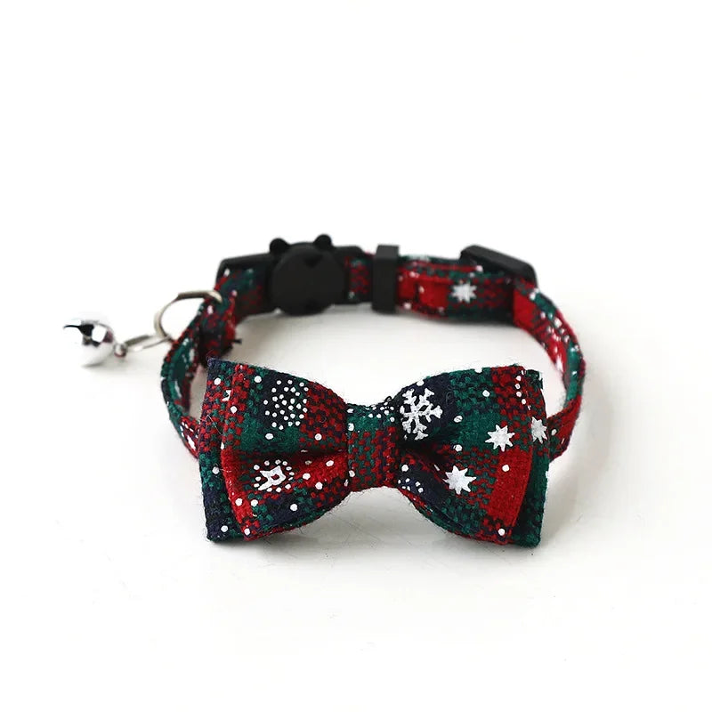 Christmas Bowknot Plaid Snowflake Adjustable Breakaway Pet Collar With Bell