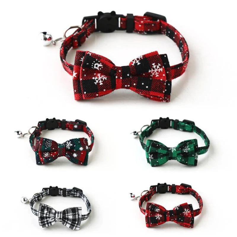 Christmas Bowknot Plaid Snowflake Adjustable Breakaway Pet Collar With Bell