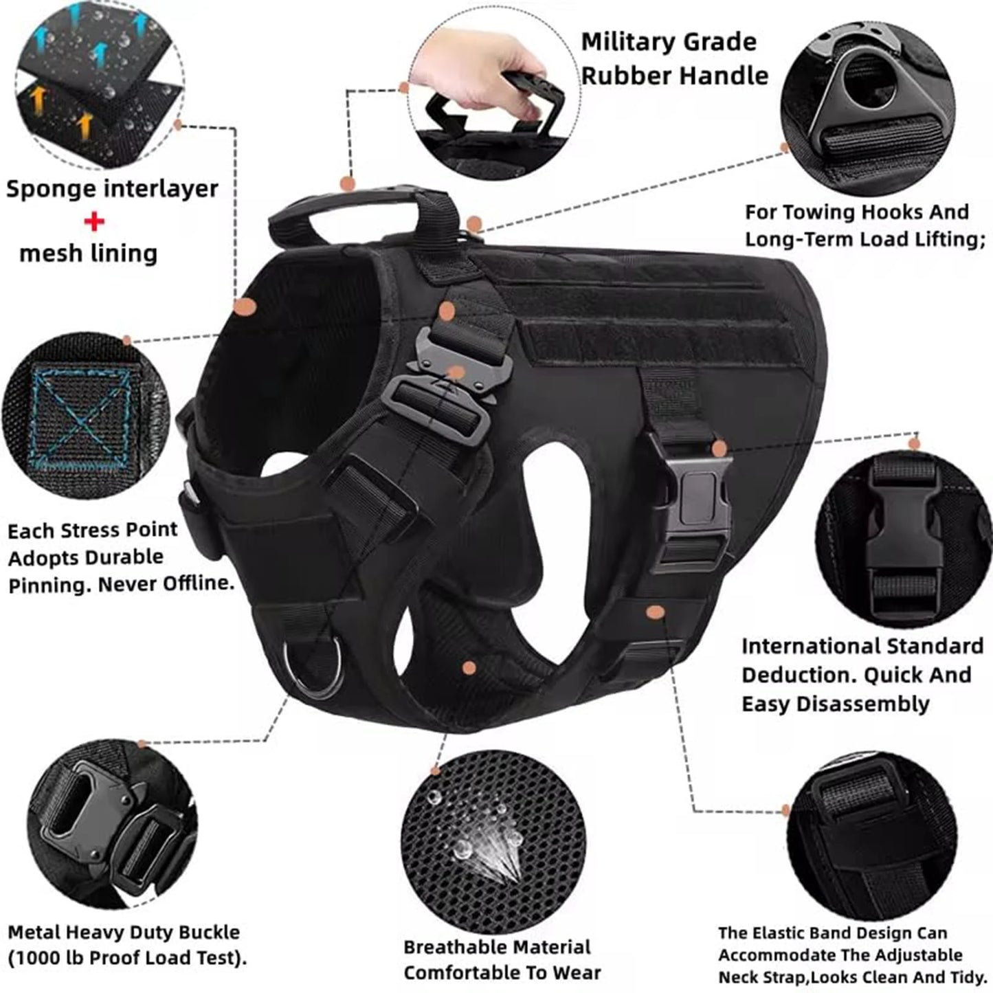 Tactical Dog Harness With Molle Pouches For Medium And Large Dogs