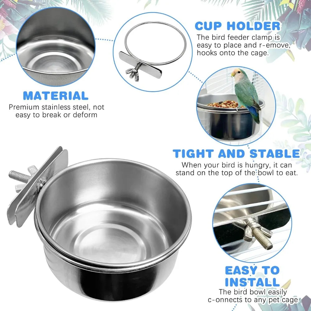 Bird Cage Feeder Cups 2-Pack Parrot Food Water Bowl Holder
