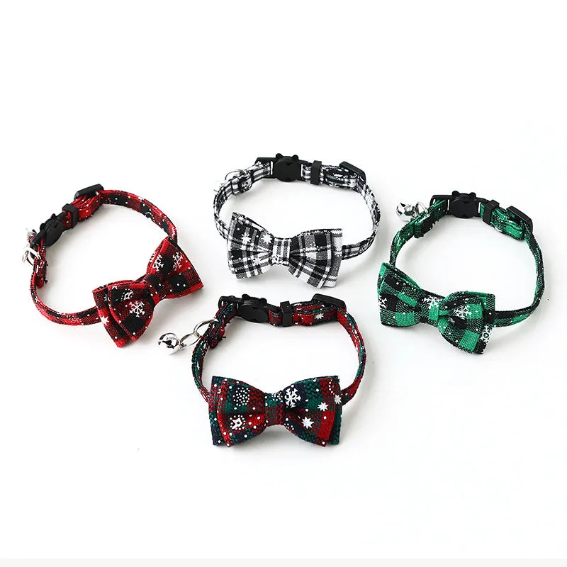 Christmas Bowknot Plaid Snowflake Adjustable Breakaway Pet Collar With Bell