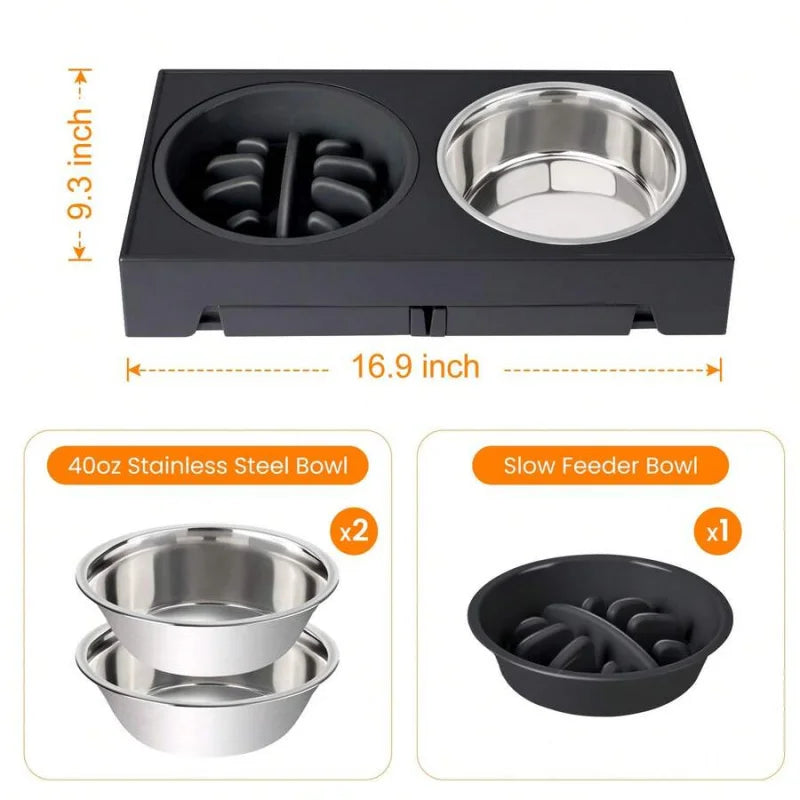 5-Height Adjustable Raised Dog Bowl Set With Slow-Feeder
