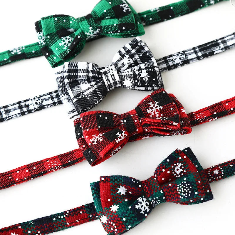 Christmas Bowknot Plaid Snowflake Adjustable Breakaway Pet Collar With Bell