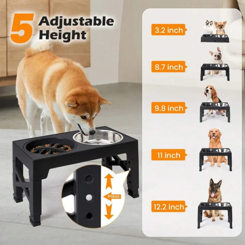 5-Height Adjustable Raised Dog Bowl Set With Slow-Feeder