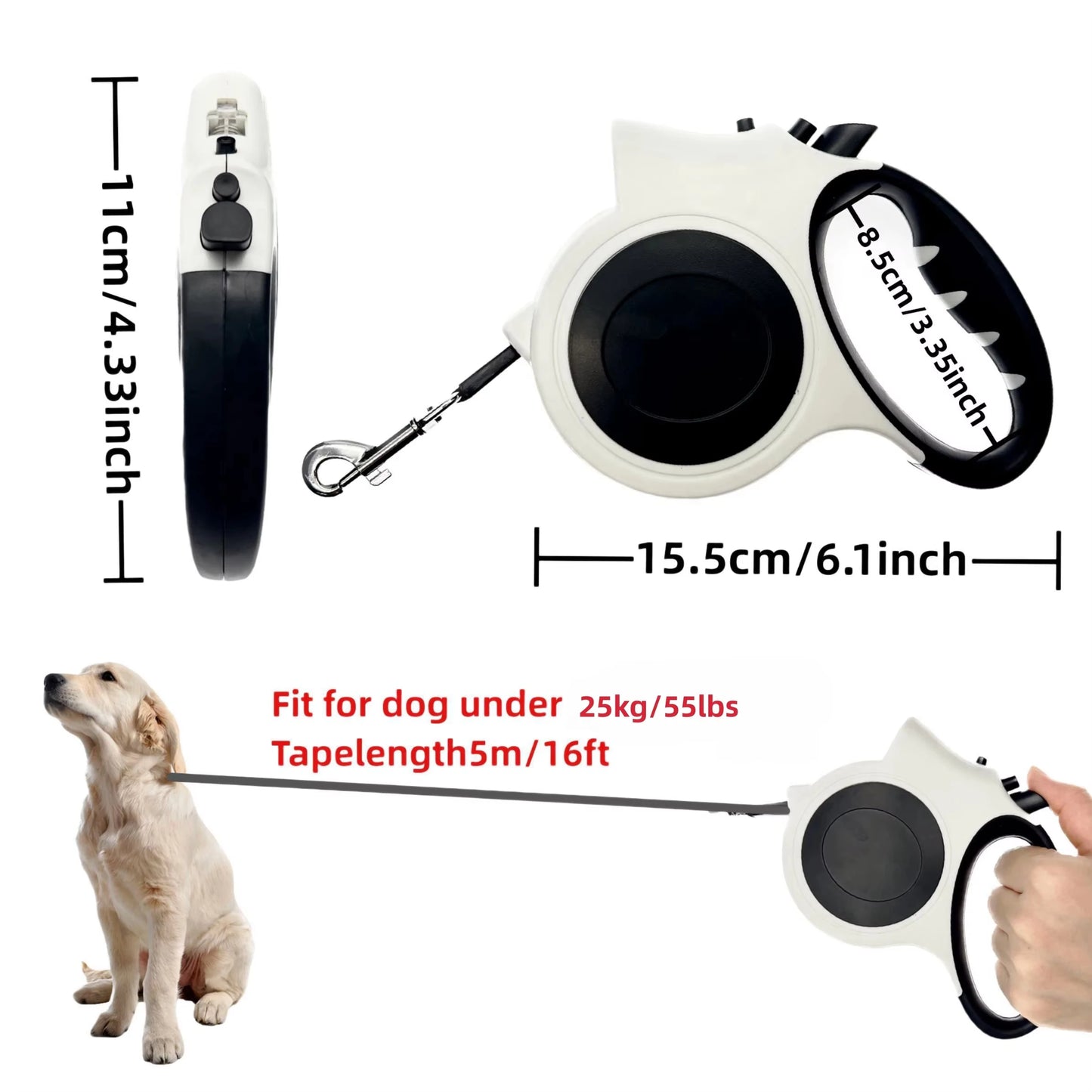 Retractable Dog Leash With LED Flashlight 16ft Anti Slip Handle Heavy Duty Nylon